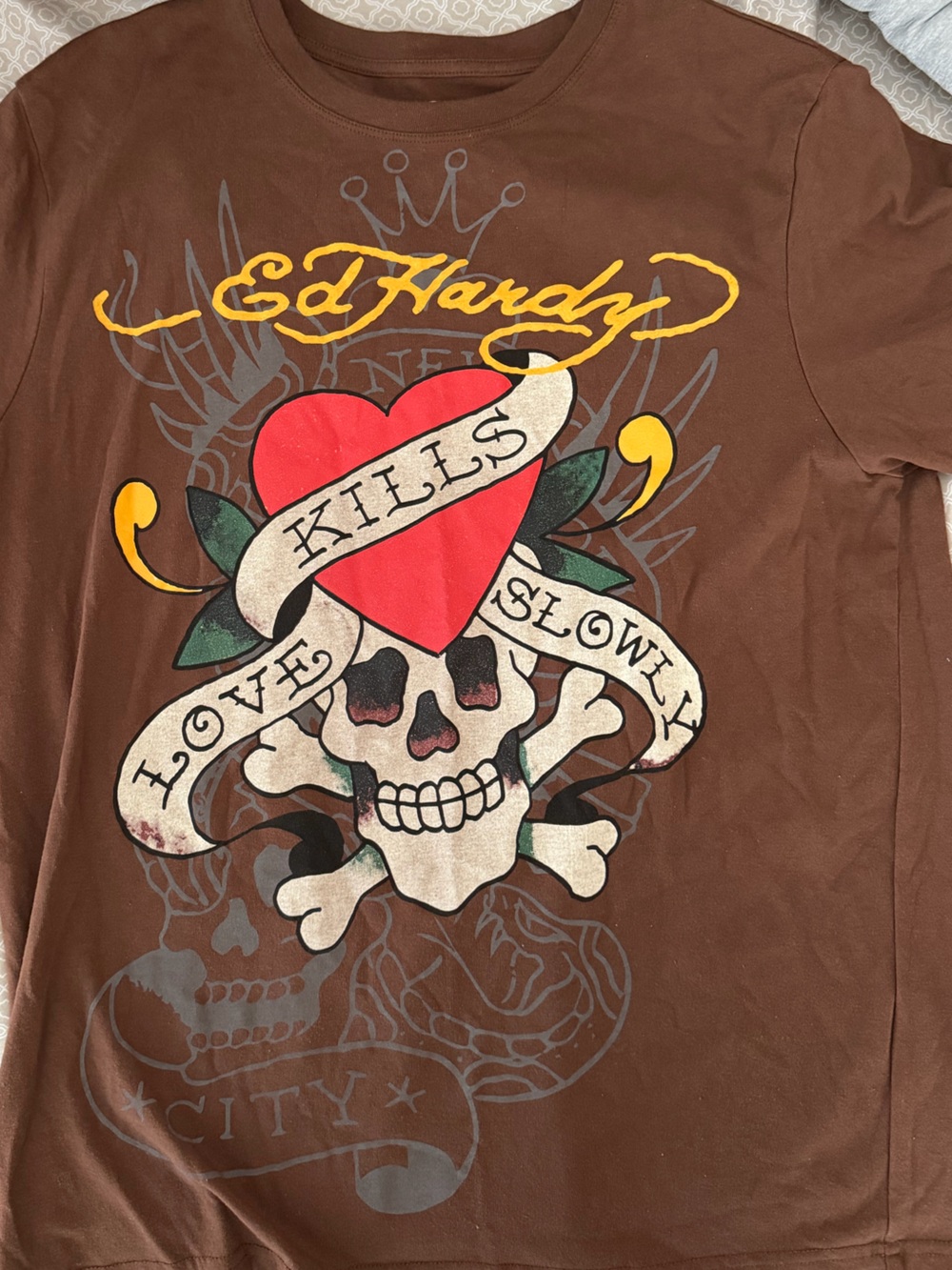 Ed Hardy Brown Tee with Red Heart and Cream Skull Graphic
